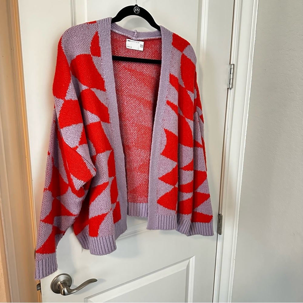 Asos Red and Purple Wavy Checkered Print Open Cardigan